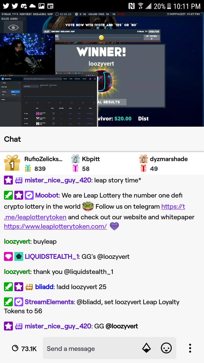 LuckyLeap1's tweet photo. @leaplottery Just won a 1st timers marbles race.
Placed 5th place on marbles stream on twitch. @leaplottery dreams can come true. #leaplotterytoken #leaplottery #leap. I can't wait until the next stream. Love thy @leaplottery. #LFG
@LuckyLeap1 @leap_more @SamuelWalters19 @flyingstacks https://t.co/XMMRLmv2wx