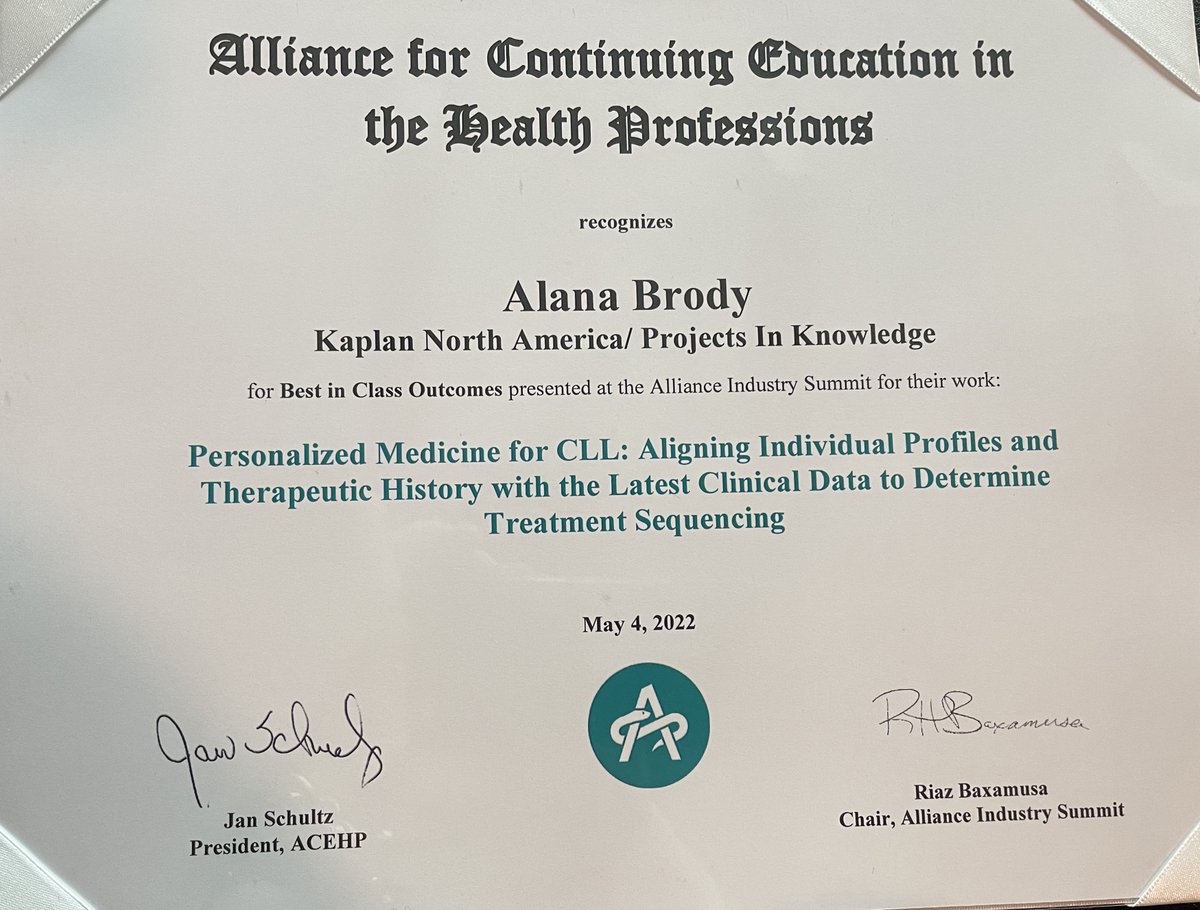 kaplan_med_edu's tweet photo. Congratulations @AlanaBrody & the PIK #CLL team on winning an #acehp "Best in Class" award for our poster submission on #personalizedmedicine in CLL! #CME #CMEoutcomes https://t.co/5IOGkiYOxM