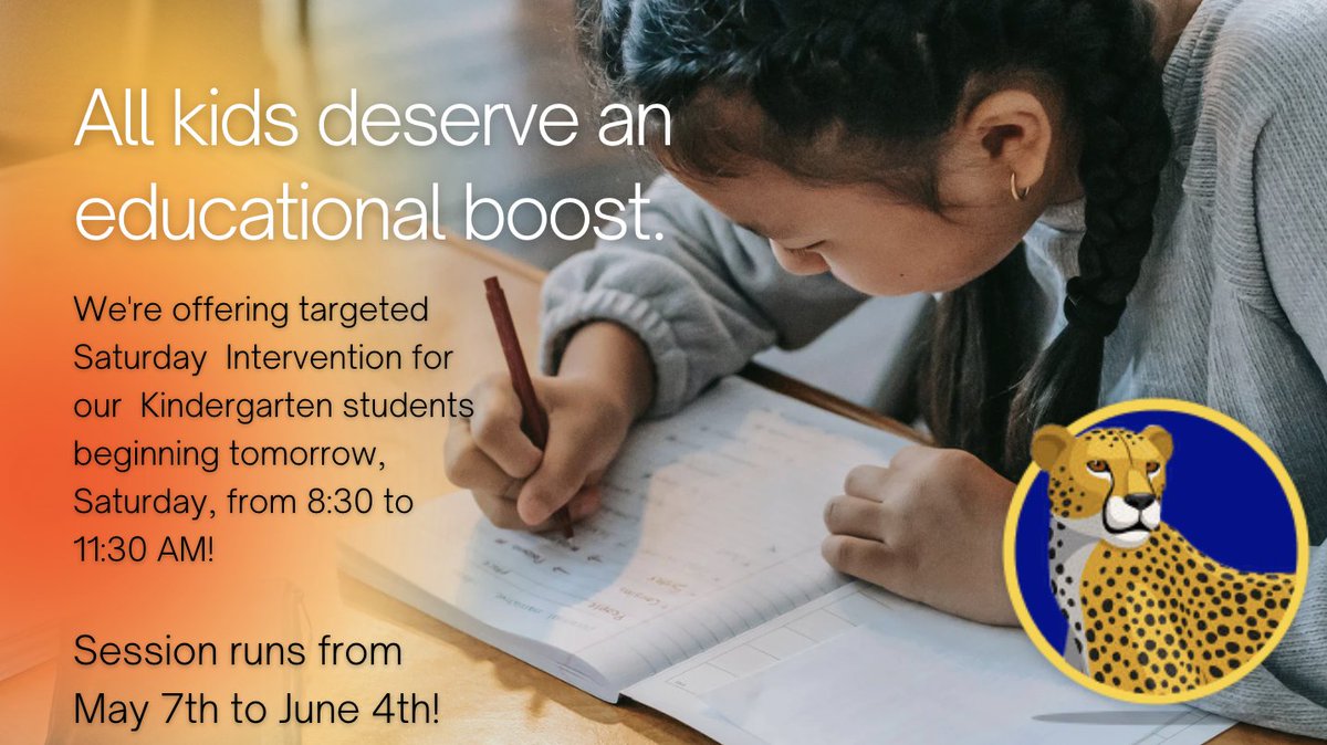MacParkVapa's tweet image. Targeted Kindergarten Intervention begins tomorrow, Saturday, May 7th! #edboost #letsgocheetahs #beyondthebell