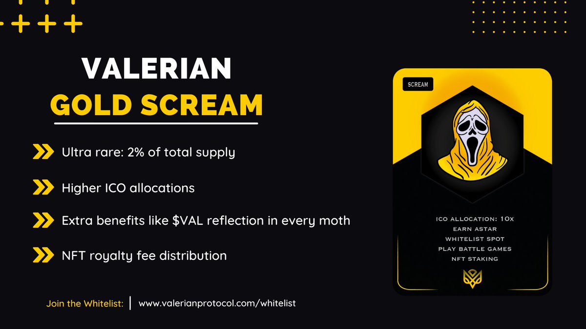 ♦️VALERIAN - GOLD SCREAM NFTS ♦️
2% of the only 750 total Scream supply?!🤯

From the already limited number of Screams, the lucky ones will be able to get their hands on ultra rare gold Screams.⭐️

Dont miss the SCREAM mint on 10th May 12.00 UTC❗️
Check the benefits👇

#Astar