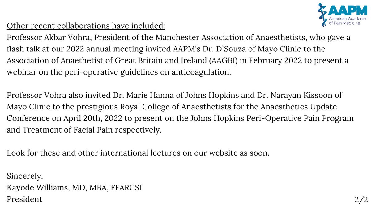President's Message: <a href="/RCoANews/">Royal College of Anaesthetists</a> <a href="/HopkinsPain/">Johns Hopkins Pain</a> <a href="/Assoc_Anaes/">Association of Anaesthetists</a> <a href="/SEMDOR2/">SEMDOR Soc. Esp. Multidisciplinar del DOLOR</a> <a href="/BritishPainSoc/">The British Pain Society</a> #menorcapainforum2022 #SineDoloreWorldPark2022 #painmedicine