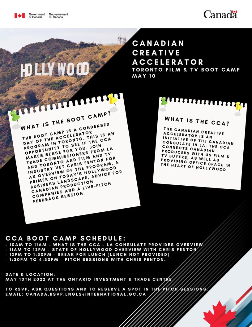 The_CMPA's tweet photo. 📢Hey producers! Join @CanCGLA on May 10 for their boot camp which includes pitch feedback sessions + information sessions on the 🇨🇦 Creative Accelerator, exploring business in Hollywood &amp; the state of the industry🎬.

More info➡️ https://t.co/dClHYTp7J7 https://t.co/K1gy2WziwE