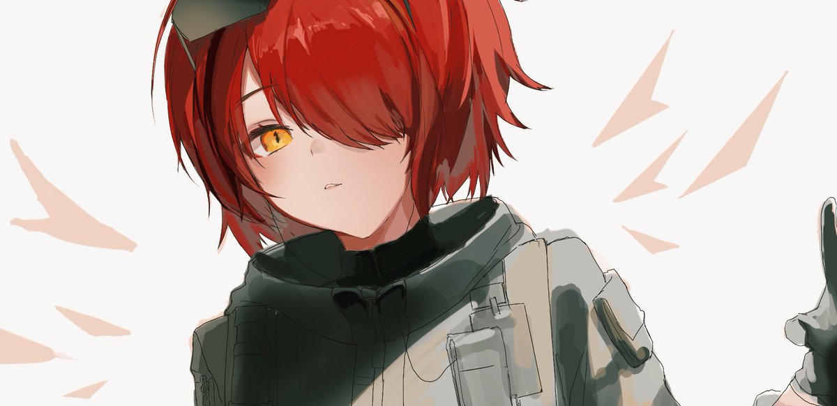 exusiai (arknights) 1girl solo red hair gloves hair over one eye short hair simple background  illustration images