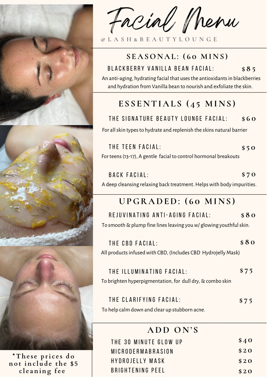 LB_Lounge's tweet photo. Our amazing Facial Menu ✨ https://t.co/zGZNNJQUxs
