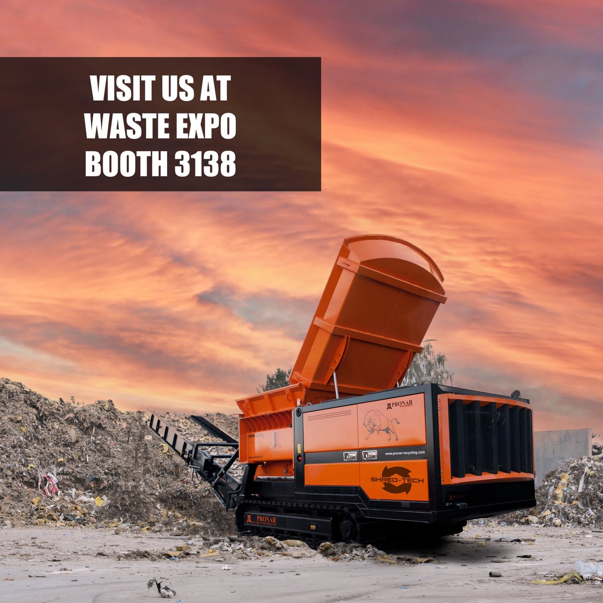 ShredTechCorp's tweet photo. Don’t forget to stop by Booth 3138 at Waste Expo May 10-12 in Las Vegas and see our Shred-Tech Pronar Slow Speed Shredder UP CLOSE!                 #wasteexpo #shredtech #slowspeedshredders #industrialshreddingequipment #sizereduction #airspace https://t.co/WTclOlT7Sh