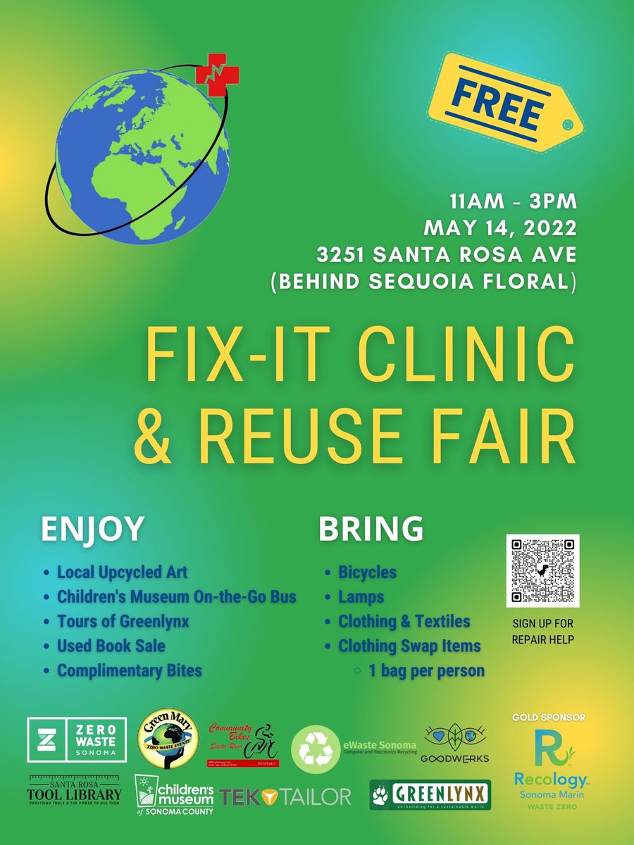 CommBikesSR's tweet photo. Free May 14 community event with repair opportunities for simple clothing/textile, lamp, and bicycle repairs, as well as a clothing swap. More details at @_RecycleNow website. Volunteers needed for 1-hour shifts for clothing swap. Sign up: https://t.co/yOQp4vyYX3 https://t.co/XIViA5oqHp