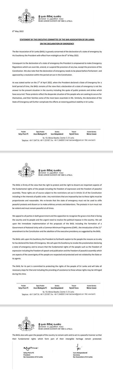 The BASL calls upon His Excellency the President to forthwith explain to the people the reasons as to why he has declared the State of Emergency. We call upon His Excellency to revoke the proclamation declaring a state of emergency.