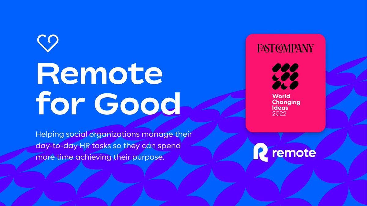 remote's tweet photo. So proud Remote for Good was recognized as a World Changing Idea by @FastCompany!

We strive to raise the profile of other for-purpose companies, support companies seeking refugee talent, and reduce our carbon footprint!

And this is just the beginning 🚀 
https://t.co/THCaA98EkR https://t.co/RKppfnkVxO