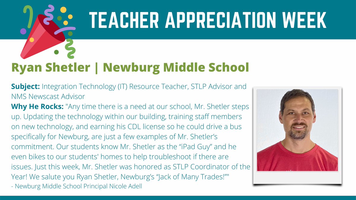🎉 For #TeacherAppreciationWeek, we're highlighting <a href="/JCPSKY/">JCPS</a> teachers who have been nominated for making a positive impact on their students and school community! 

Today's spotlight: <a href="/Newburg_JCPS/">Newburg Middle School</a>'s Ryan Shetler!