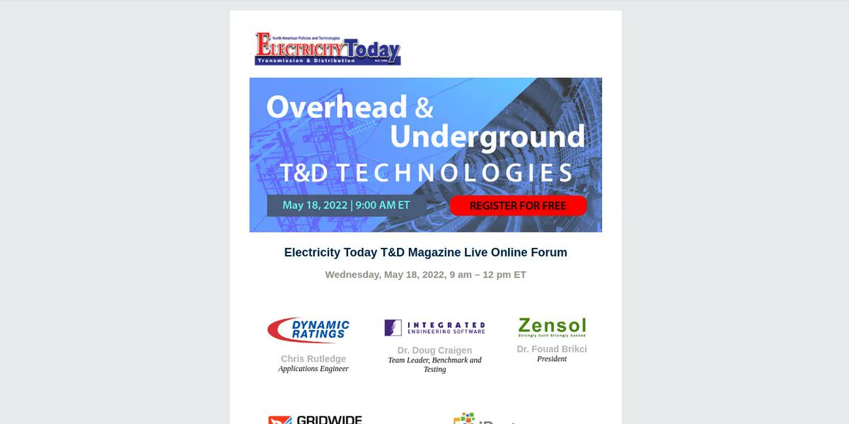 Register today for this important sharing of information on Overhead &amp; Underground T&amp;D Technologies.  More speakers have been added.  Don't miss it. Taking place on May 18th. buff.ly/3kOEvCc