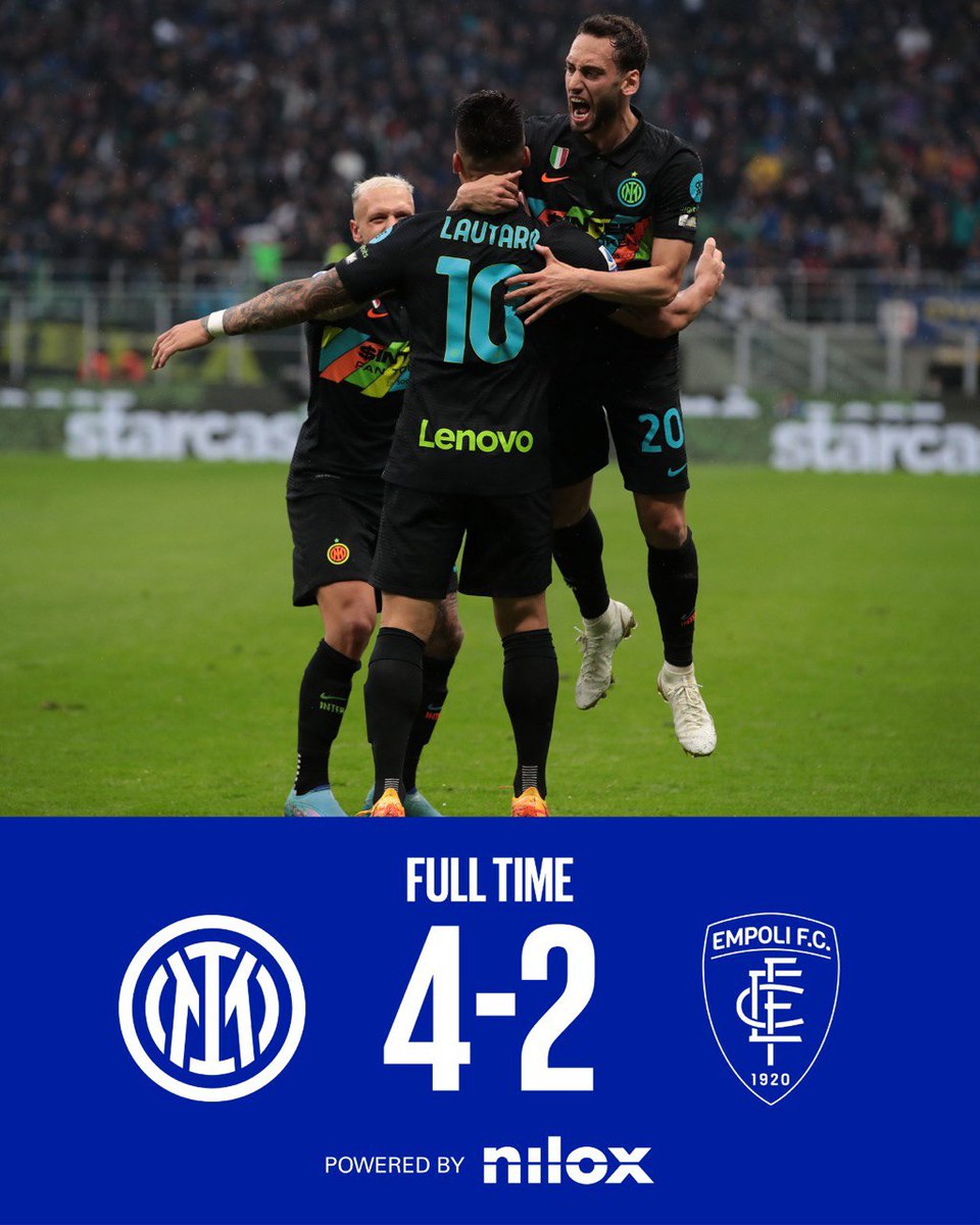 Inter's tweet photo. ⏹ | FISCHIO FINALE 

😎 Vittoria nerazzurra e poker! Grandi ragazzi! 

#InterEmpoli  4️⃣ - 2️⃣

Powered by @NiloxOfficial 

#FORZAINTER ⚫️🔵 https://t.co/GDKrMJqjO6