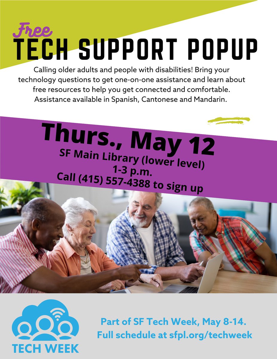 SelfHelpElderly's tweet image. A free 𝗧𝗲𝗰𝗵 𝗛𝗲𝗹𝗽 𝗣𝗼𝗽-𝗨𝗽 on Thursday, May 12, 2022, from 1 to 3 pm at the SF Main Library to answer any questions about devices and technology that are causing frustration and head-scratching. Just bring yourself and your device!

#TechWeekSF #DigitalInclusion