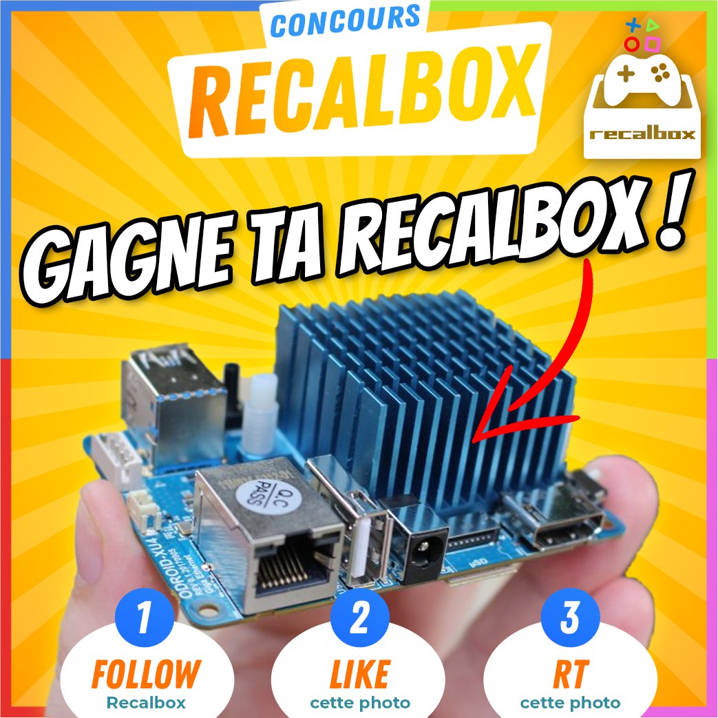 🎁 CONCOURS - RECALBOX 🎁
Une #Recalbox, ça vous dit ?! 😍
Faute de Pi4, gagnez votre #OdroidXU4 ! 🚀🔥 
POUR JOUER 🇫🇷 :
1⃣-FOLLOW <a href="/recalbox/">Recalbox 🎮👾</a>
2⃣-LIKE &amp; RT ce post
3⃣-Croise les doigts ! 🤞
4⃣-Et rejoins-nous sur Twitch! => twitch.tv/recalbox
BONNE CHANCE! 🤞😀🍀