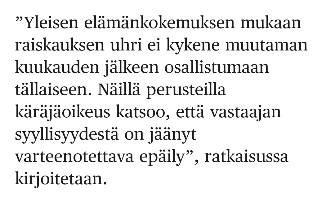 juliasangervo's tweet photo. Mikään psykologinen tutkimustieto ihmisen käyttäytymisestä ei tue tätä näkemystä. Trauman läpikäyneen käytös on yksilöllistä, eikä noudata mitään tiettyä kaavaa.

Ylipäätään raiskauksiin liittyy paljon myyttejä, jotka aiheuttavat valtavasti haittaa. Tässä elävä esimerkki. https://t.co/2JPEhM0lps