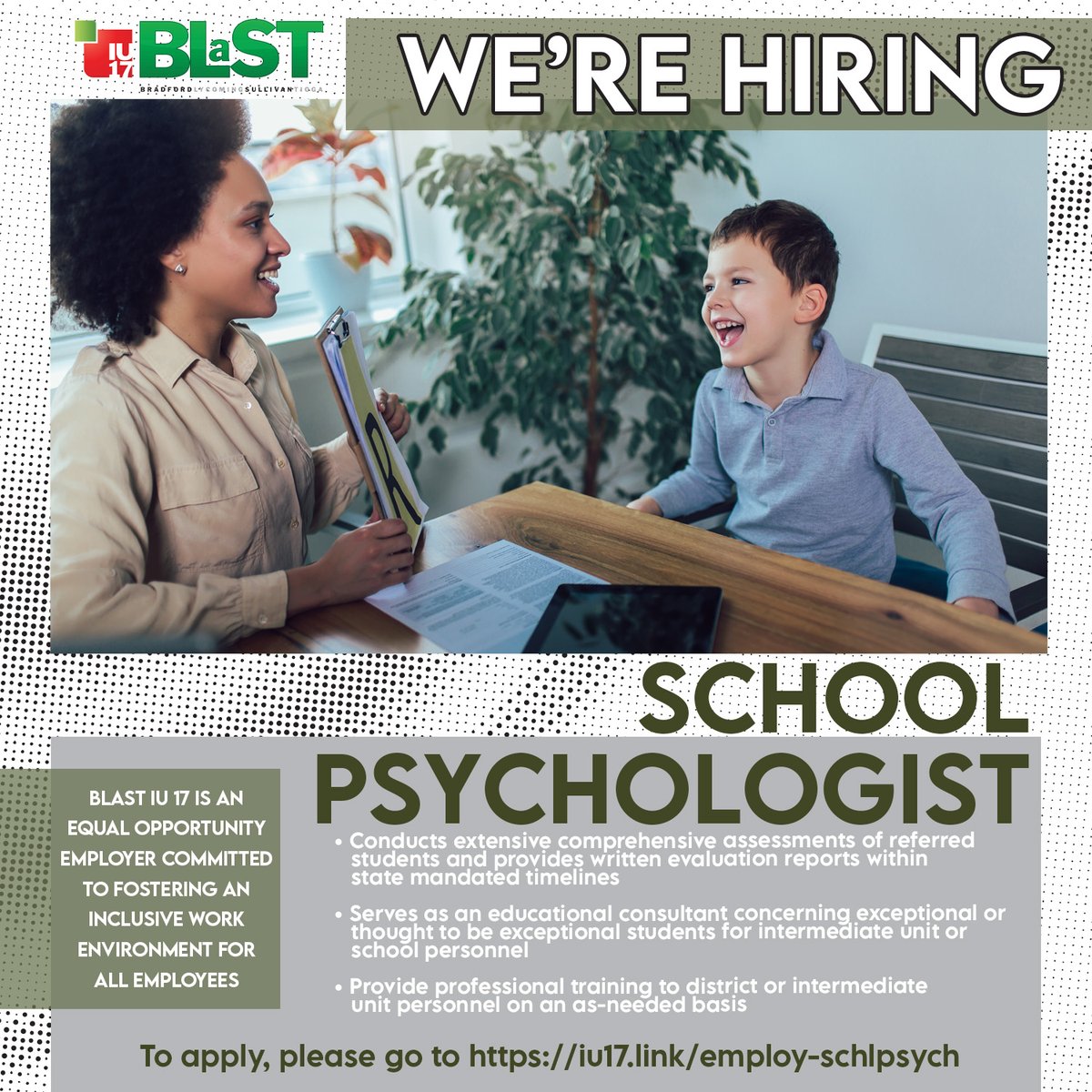 #BLaSTIU17 is currently seeking a candidate for School Psychologist for our region! You will be responsible for the educational evaluation and diagnosis of students thought to be exceptional! 
Apply at iu17.link/employ-schlpsy…
We are so excited to work with you! <a href="/PADeptofEd/">PA Department of Education</a> <a href="/PAIU/">PAIU</a>