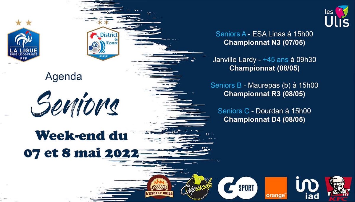 Uliscofootball's tweet photo. Découvrez les rdv du week end 🗓 ! 

Le week-end foot débutera par le match de la N3 ! 

L’équipe première jouera un derby face à @esa_linas_montlhery dans un match capital pour le maintien ! 

Venez nombreux soutenir nos joueurs !!! 

#agenda #weekendfoot #operationmaintien https://t.co/RpKLsOwIwM