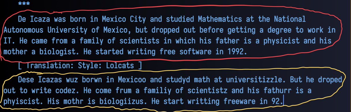 rory_blyth's tweet photo. Miguel likes Teh GPTs and demanded more.
So here's his wikipedia blurb translated into Internet Moron using a "module" (soft prompt).
My nerds: tell me this isn't fun 🥳
#NovelAI #GPT #NLP #AIDungeon #fairseq https://t.co/dJGIatr6Qx
