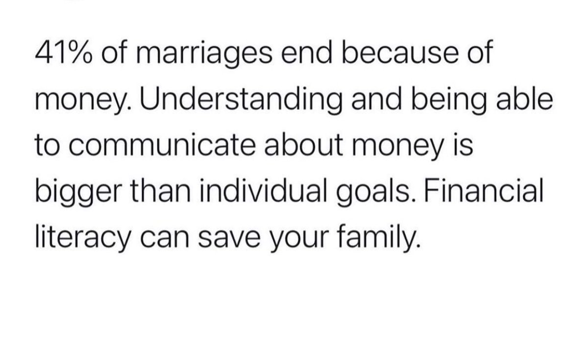 JHustleMuscle's tweet photo. 41% of marriages end because of money 💰Understanding and being able to communicate about money is bigger than individual goals. Financial literacy can save your family https://t.co/WWma7AaZPL