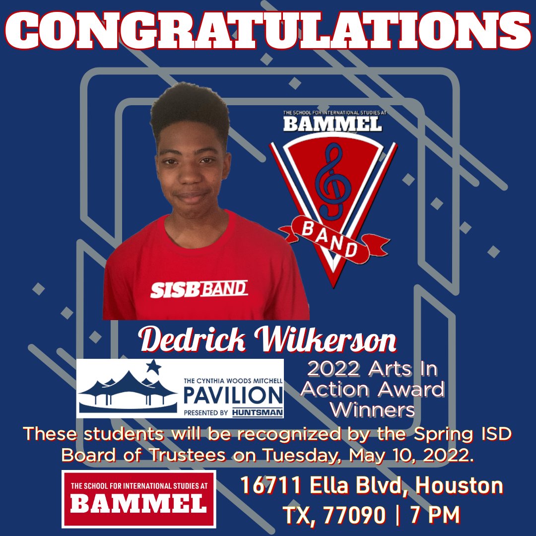 Congratulations to THREE of our students from both @BammelMs Band and @SISBammelChoir for being recognized as Arts in Action Award winners! They'll be recognized by the <a href="/SpringISD/">Spring ISD</a> Board of Trustees next week, right here at The School for International Studies.

<a href="/BMSPatriots/">Bammel Middle School</a>