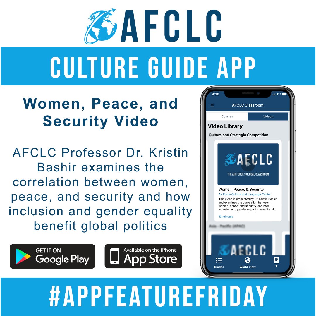 AFCLC's tweet photo. #AppFeatureFriday In one of the newest videos on the Culture Guide App, AFCLC Professor Dr. Kristin Bashir provides an analysis of the correlation between women, peace, and security and how the concepts of inclusion and gender equality benefit countries and global politics. https://t.co/2j6eHDjwf1