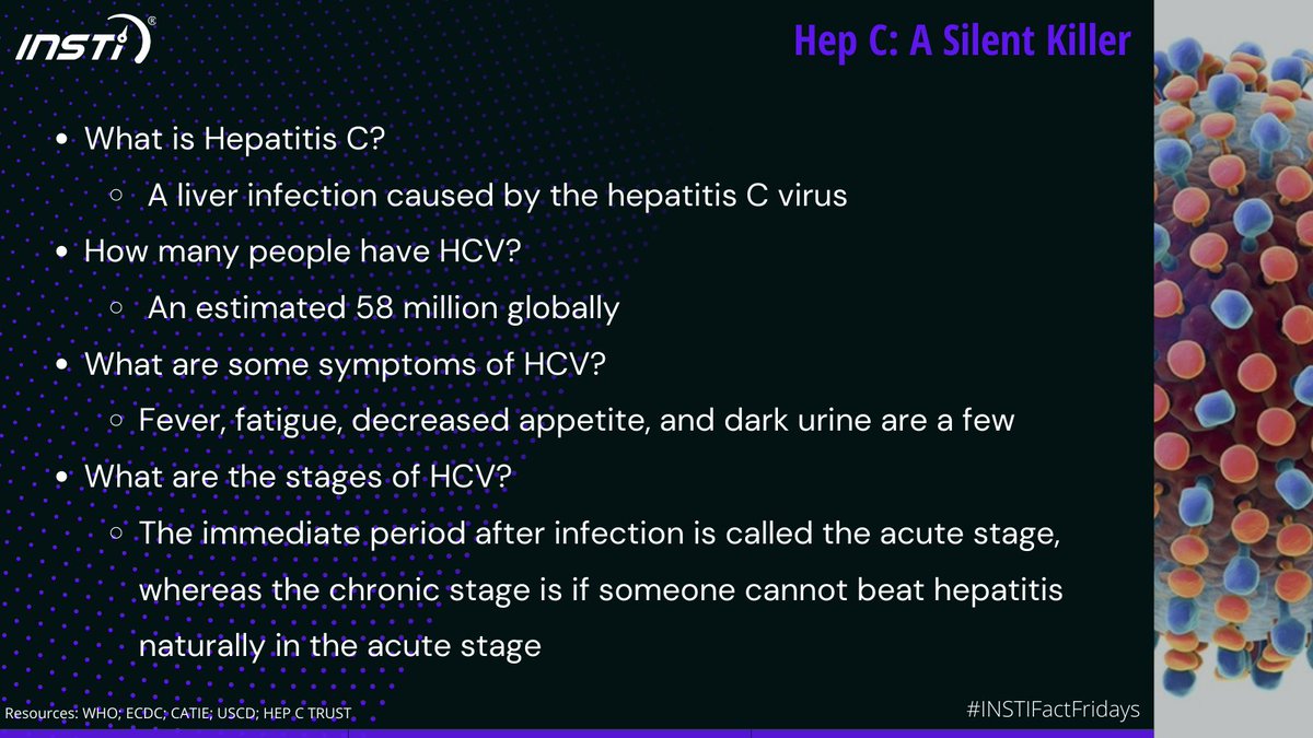 INSTI's tweet photo. For hepatitis awareness month, we want to share facts about what hepatitis C is, how many are estimated to have it, the different stages of infection, and what the symptoms are. Check out our blog post at https://t.co/W8QS7zPkl2 to learn more about hepatitis C! #INSTIFactFriday https://t.co/0sjp6zyEQ0