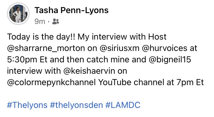 Sasstalkmedia's tweet photo. Sasstalkers Itโs going down #LAMDC #TheLyons .. Tune in at 17:30Et @TashaJLyons will be interviewing with @SharrarneMorton on @SIRIUSXM @hurvoices โฆ Then slide on over to YouTube and catch @realneillyons and @TashaJLyons both on #colormepynkchannel 19:00ET with #keishaervin https://t.co/TX4zM9r5RA