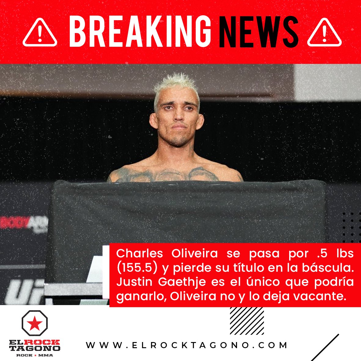 elrocktagono's tweet photo. 🚨 Charles Oliveira pierde su título en la báscula 🚨

En su segundo intento hizo 155.5 lbs (.5 más del límite) y con esto queda vacante el título. Solo si Gaethje ganara, podría obtener el título. #UFC274 https://t.co/aplclLqxYh