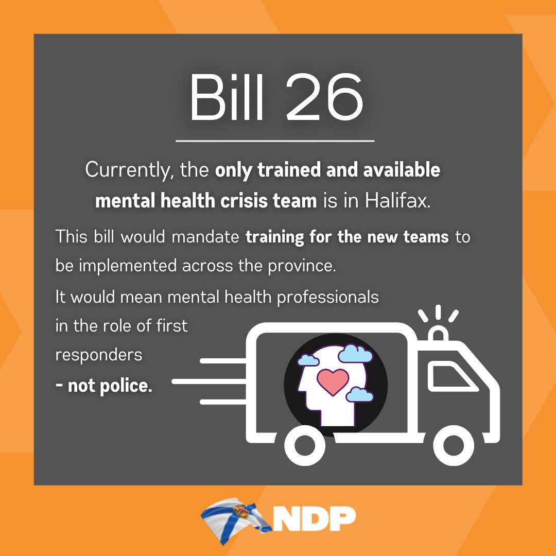 NSNDP's tweet photo. First responders to mental health crises should be trained health professionals, not police. Last fall our caucus introduced a bill that would establish 24/7 mental health crisis teams throughout Nova Scotia. 

#nspoli #MentalHealthWeek (1/2) https://t.co/nfyLGeErNL