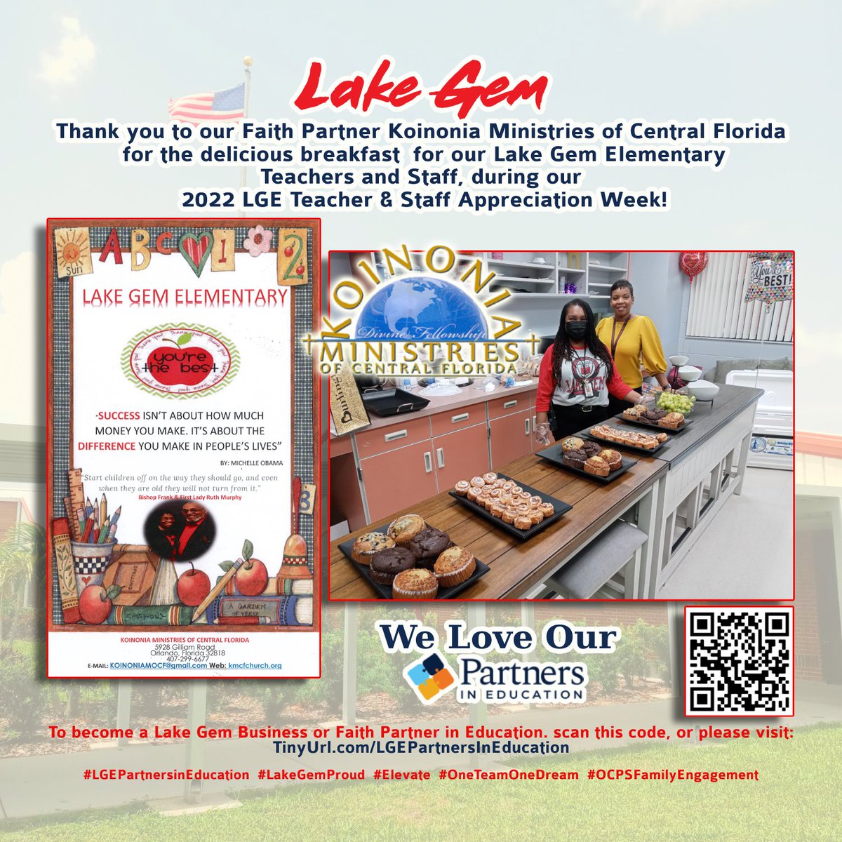 LakeGemES_OCPS's tweet photo. Thank you Koinonia Ministries of Central Florida and Evangelist Richardson for your partnership during our #LGEStaffAppreciation2022 Week, and for all that you do for our families and our community!
@OCPSnews @LakeGemES_OCPS @OCPS_PFE #OCPSPIE @LgeParent https://t.co/nS71ayFdDF