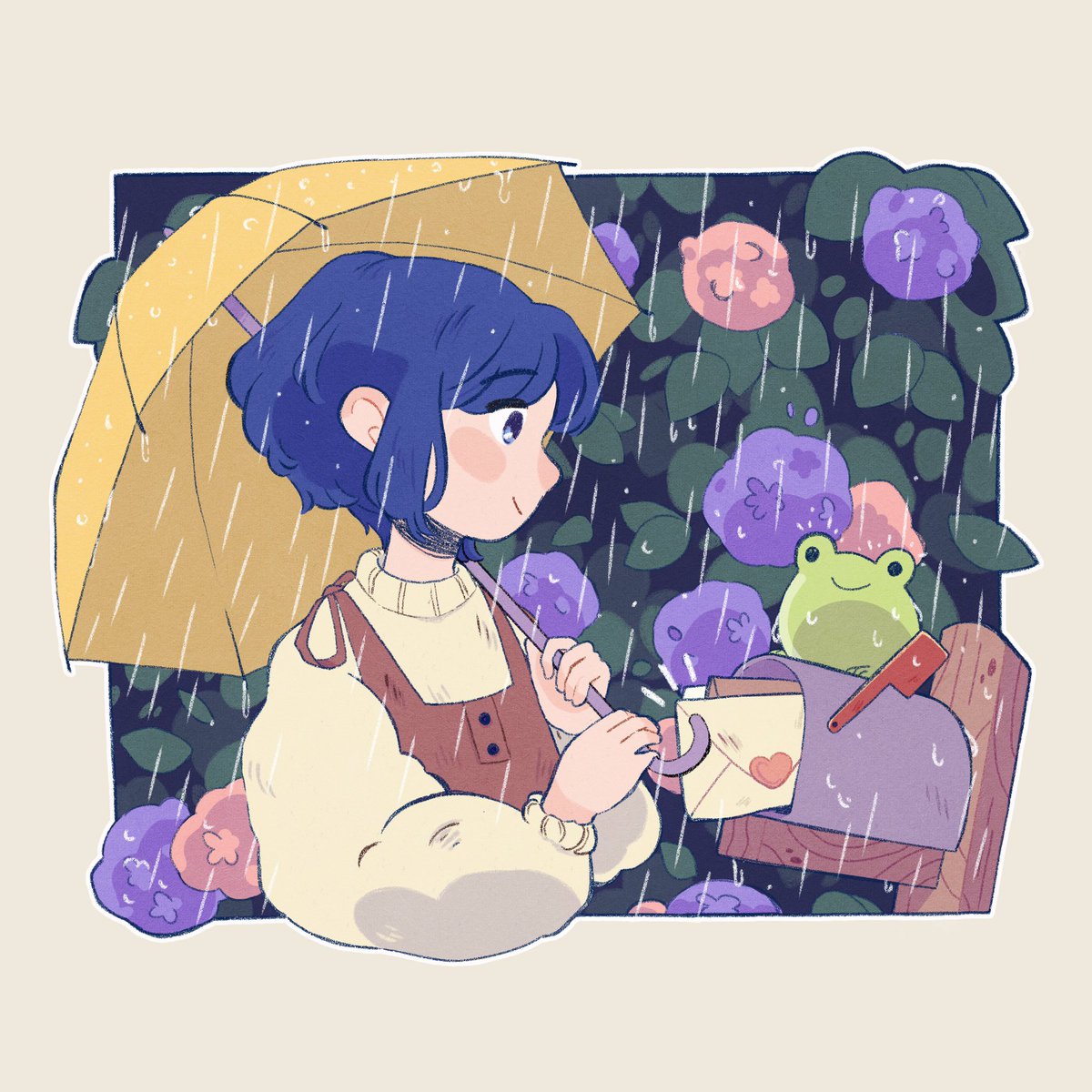1girl rain umbrella flower frog blue hair short hair  illustration images