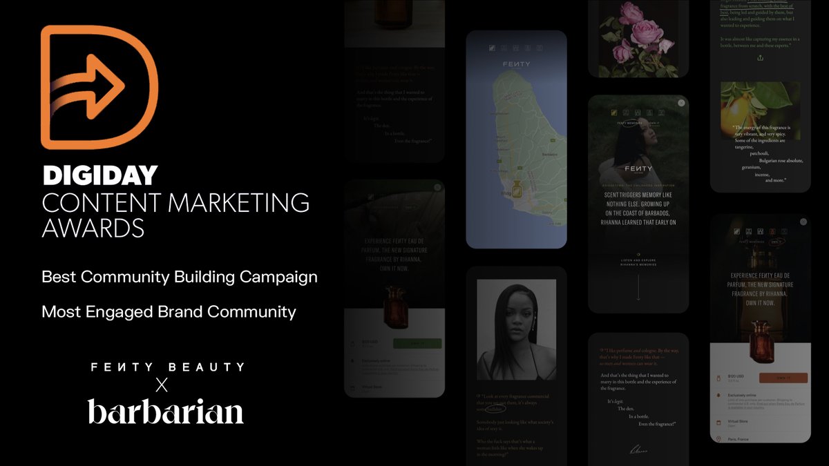 WeAreBarbarian's tweet photo. Our work on Fenty Eau De Parfum Ghost Stores continues to make us proud for the impact it has created. @Digiday #ContentMarketingAwards has honored our work as Best Community Building Campaign and Most Engaged Brand Community wins. https://t.co/9am2CMVacQ
#CreateTheFutureFaster https://t.co/OiohlcAUdf