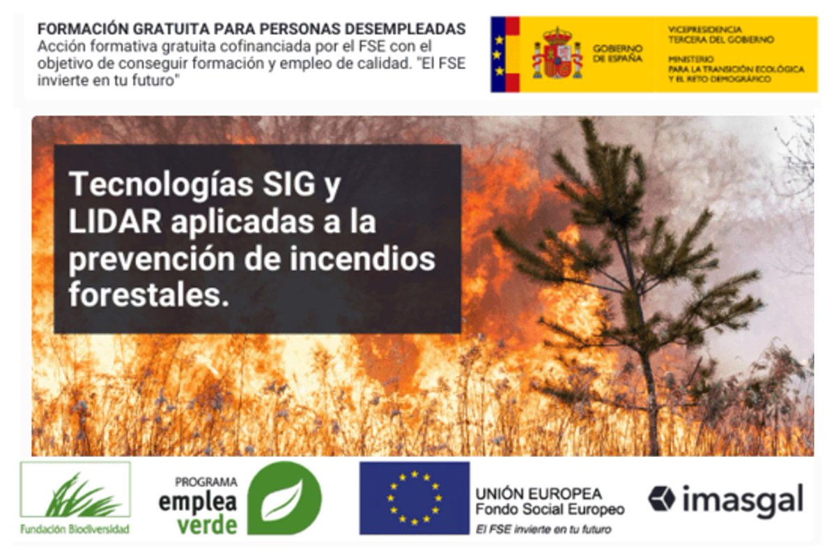 Oportunidad!: El 1 de julio comienza un curso de formación gratuita a técnicos desempleados en Andalucía sobre SIG y LiDAR aplicados a la gestión de incendios forestales. 114 plazas disponibles

Más información en imasgal.com/proyecto-emple…