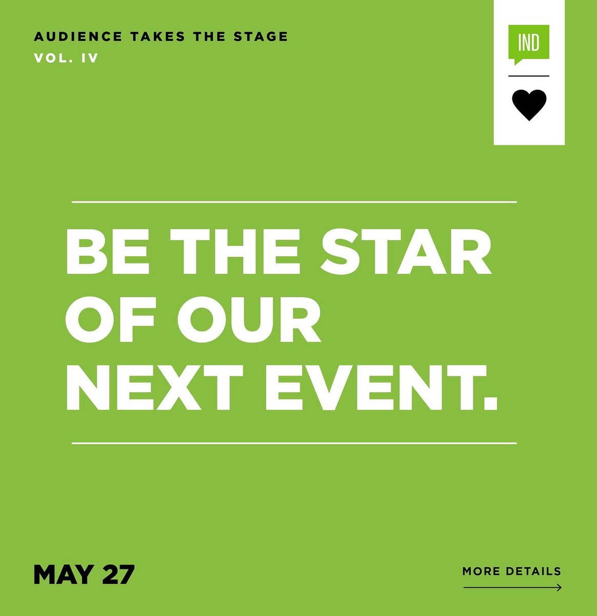 Indianapolis_CM's tweet photo. Our next event is all about you! Check out the rest of this thread for details on how to submit to be a guest speaker at Audience Takes the Stage Vol. IV. https://t.co/pHQMVj8bx9
