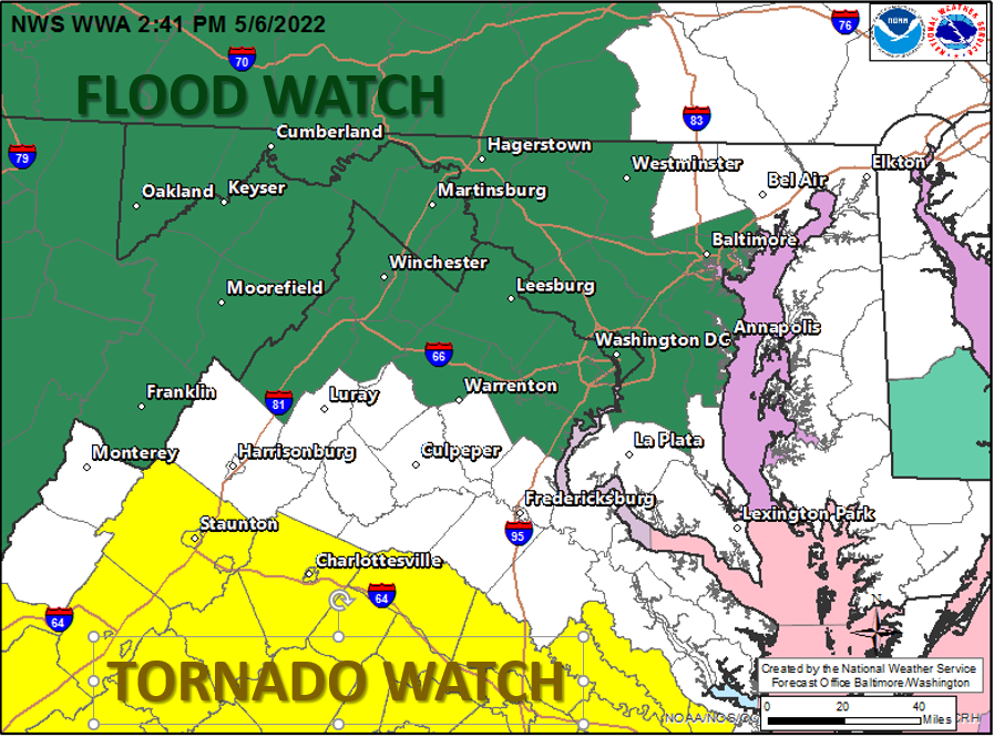 NWS_BaltWash's tweet photo. In addition to the Flood Watch for the potential for flooding across eastern WV, much of MD, D.C., and northern &amp; northwest VA.,  a Tornado Watch has now been issued until 10pm for parts of central and southern VA. That area should be alert for the possibility of tornadoes. https://t.co/QkmHVDXqnl