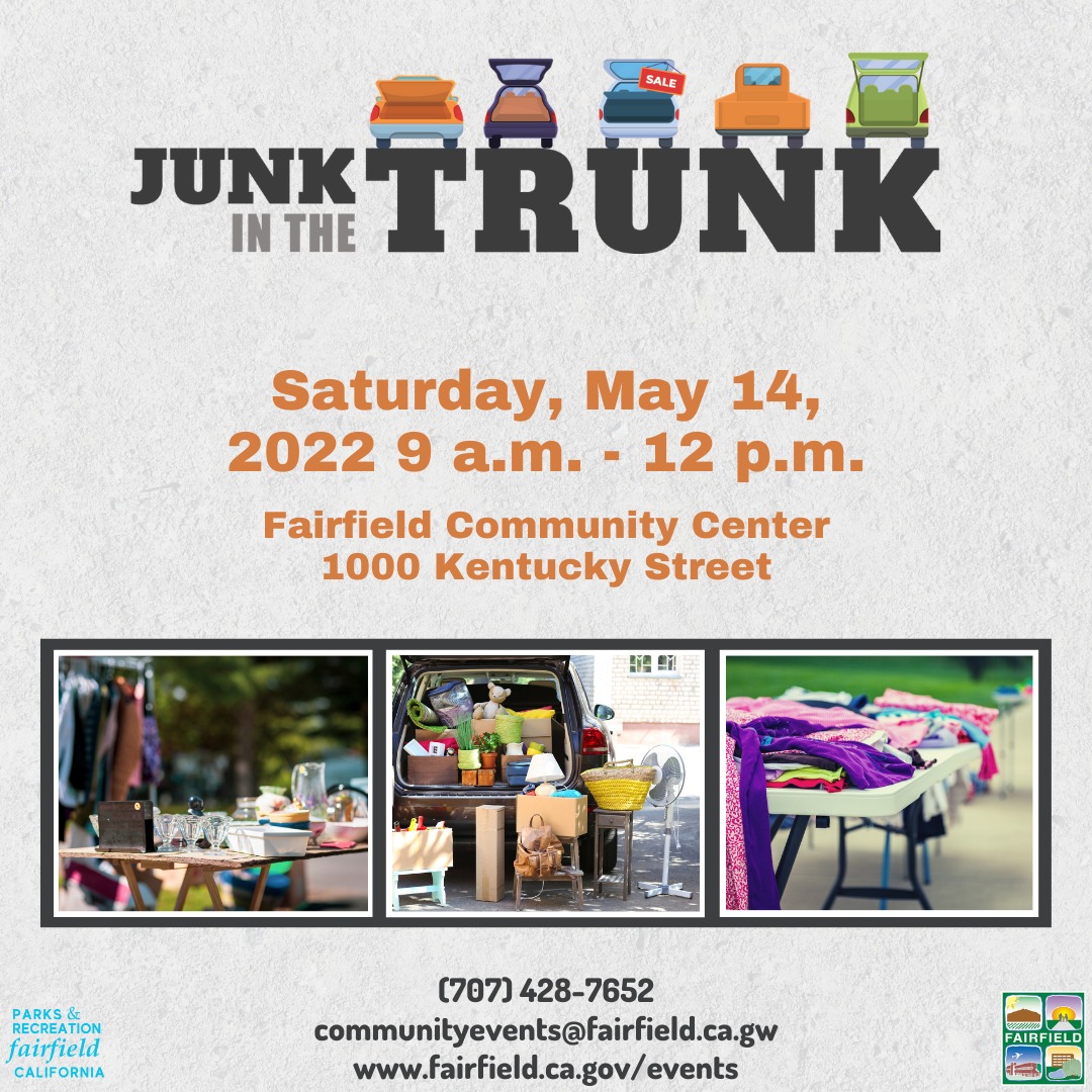 cityoffairfield's tweet photo. Parks & Rec will host its first “Junk in the Trunk” event, on Saturday, May 14, 2022, from 9 a.m. – 12 p.m. in Fairfield Community Center parking lot, 1000 Kentucky Street.
For more info, visit https://t.co/Hb9pTSE97z
#weservefairfieldca #junkintrunk #fairfieldparksandrec https://t.co/lIwZm6lP9B