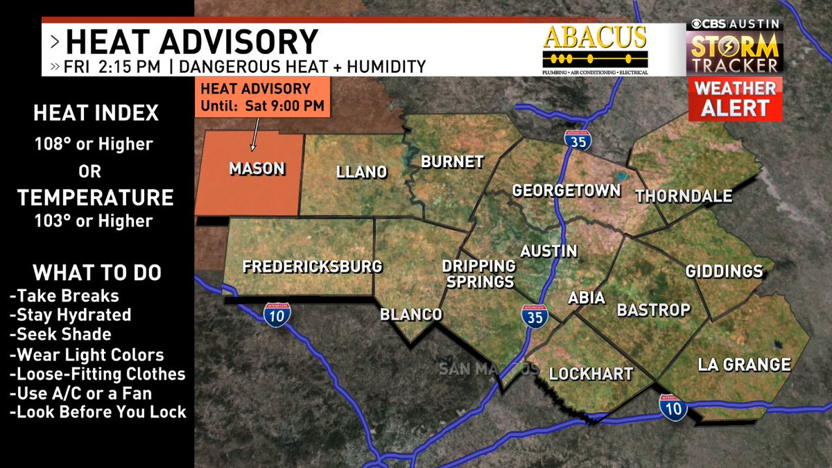 ChikageWeather's tweet photo. HEAT ADVISORY issued for parts of the @cbsaustin area. Dangerous heat + humidity may lead to heat-related illnesses. Stay cool &amp; be safe! Forecast: https://t.co/7Dainv4mOG Heat Safety Tips: https://t.co/SSufWbkPmg #attx #atxwx #cbsautinwx https://t.co/hdaeKj53lX