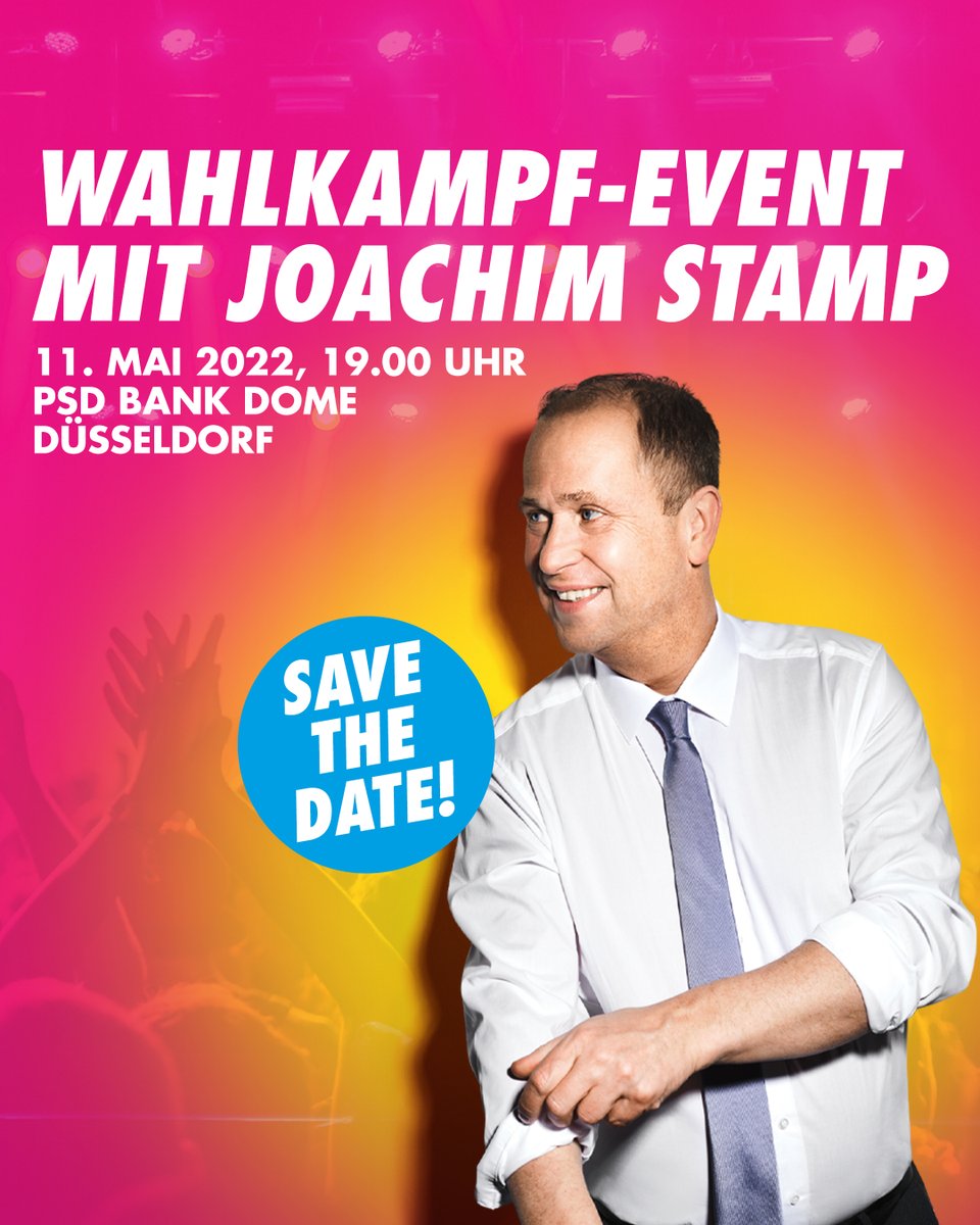fdp_nrw's tweet photo. SAVE THE DATE! 📅

Am Mittwoch findet unser großes Wahlkampfevent in Düsseldorf statt. Neben unserem Spitzenkandidaten @JoachimStamp erwarten Euch Live-Musik, spannende Reden &amp; Talks sowie Überraschungen zum Wahlkampfendspurt. Nichts wie hin! 💛🥳 #vonhierausweiter https://t.co/HTyiyDro3t