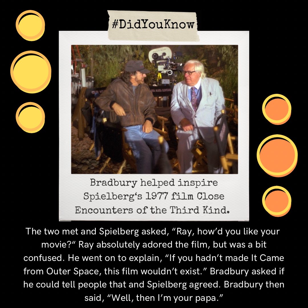 raybradbury's tweet photo. #DidYouKnow Ray Bradbury helped inspire Steven Spielberg to make Close Encounters of the Third Kind? #RayBradbury #FunFactFriday #ItCameFromOuterSpace https://t.co/86e9WrlNH7