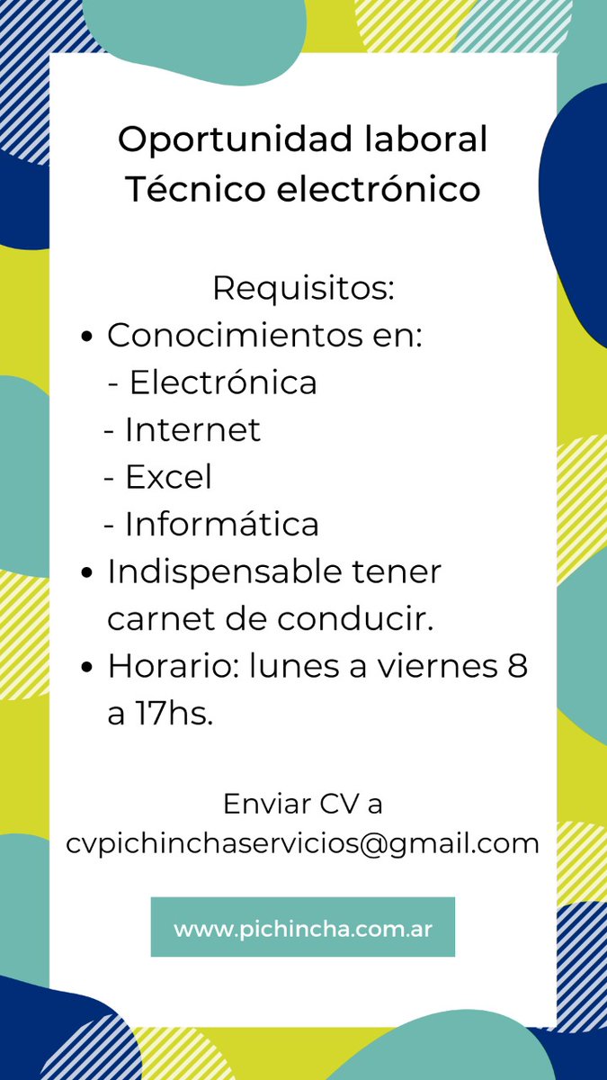 PichinchaServic's tweet photo. Búsqueda laboral ROSARIO
- Técnico electrónico
- Carnet de conducir
- Lunes a viernes 8 a 17hs https://t.co/Nrglza87dD