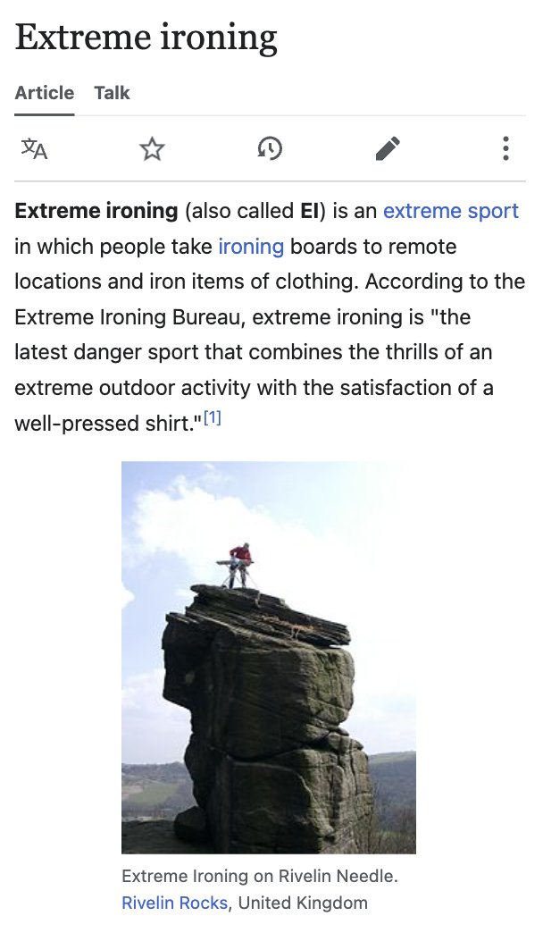Wikipedia article screenshot: "Extreme ironing (also called EI) is an extreme sport in which people take ironing boards to remote locations and iron items of clothing. According to the Extreme Ironing Bureau, extreme ironing is "the latest danger sport that combines the thrills of an extreme outdoor activity with the satisfaction of a well-pressed shirt."[1]"
