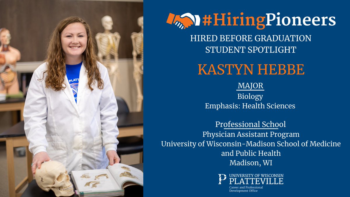 UWPCPDO's tweet photo. Hired Before Graduation Student Spotlight 
Kastyn Hebbe @hebbbe44 

Hometown: Fort Atkinson, WI 
Major: Biology

Professional School: Physician Assistant Program – UW-Madison School of Medicine and Public Health

Congratulations on the start of your career, Kastyn! https://t.co/yCVPEjMG7A