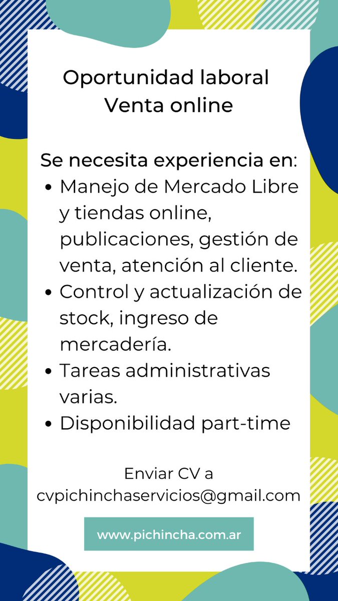 PichinchaServic's tweet photo. Oportunidad laboral Rosario - Venta online
* Manejo de Mercado Libre, tienda online, gestión, atención al cliente
* Control y actualización de stock
* Tareas administrativas varias
* Disponibilidad part-time https://t.co/pFjhC7Lpxs