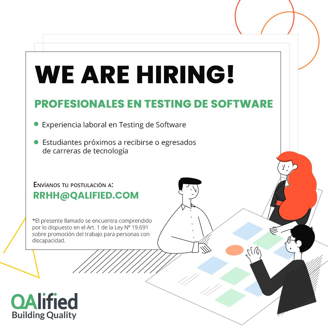 Nuestro equipo sigue creciendo, y para eso buscamos nuevos talentos. 

We are hiring! En esta ocasión, buscamos a profesionales en testing de software. 
Si sentís que tu perfil se adapta al puesto, ¡no dudes en postularte!

rrhh@qalified.com