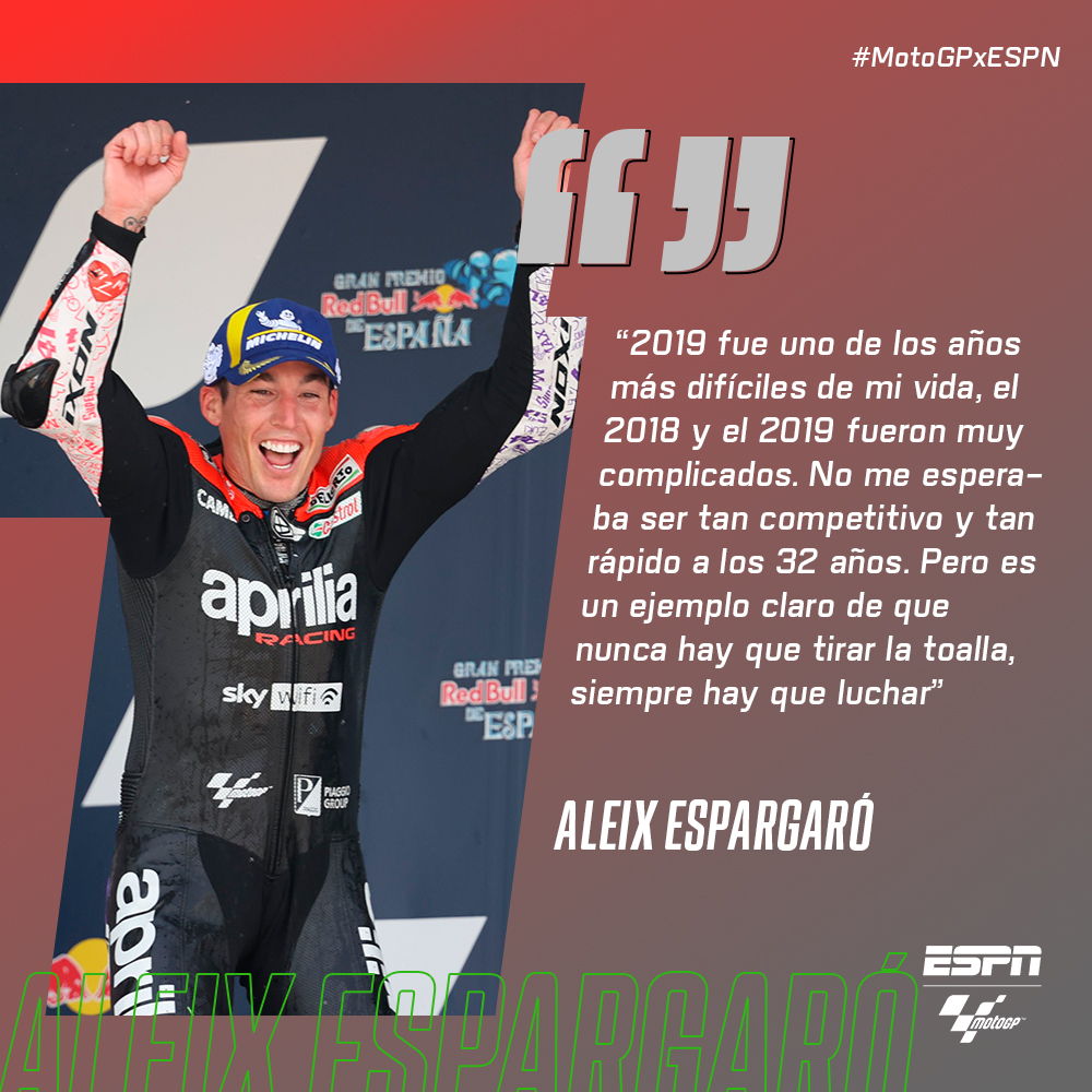 MotoGP_ESPN's tweet photo. Aleix #Espargaró pasó de los peores momentos de su vida, al mejor: el español está teniendo su mejor temporada hasta el momento, ubicado en el segundo lugar de la general. 🔝

¡Persevera y triunfarás, @AleixEspargaro! 💪👏

#MotoGPxESPN https://t.co/ROsJtaMA4g