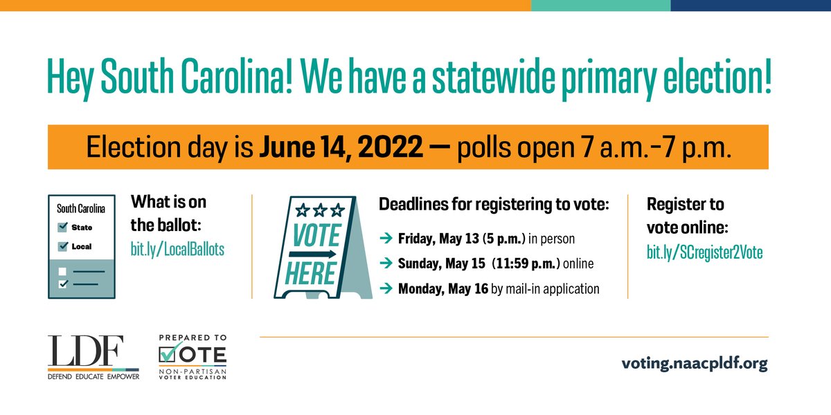 NAACP_LDF's tweet image. SOUTH CAROLINA! The statewide primary election is June 14! Are you #PreparedToVote? The deadline to register in-person is May 13, and the deadline to register to online is May 15.

Register online: bit.ly/SCregister2Vote  
Find your polling place: bit.ly/SCRegStatus
