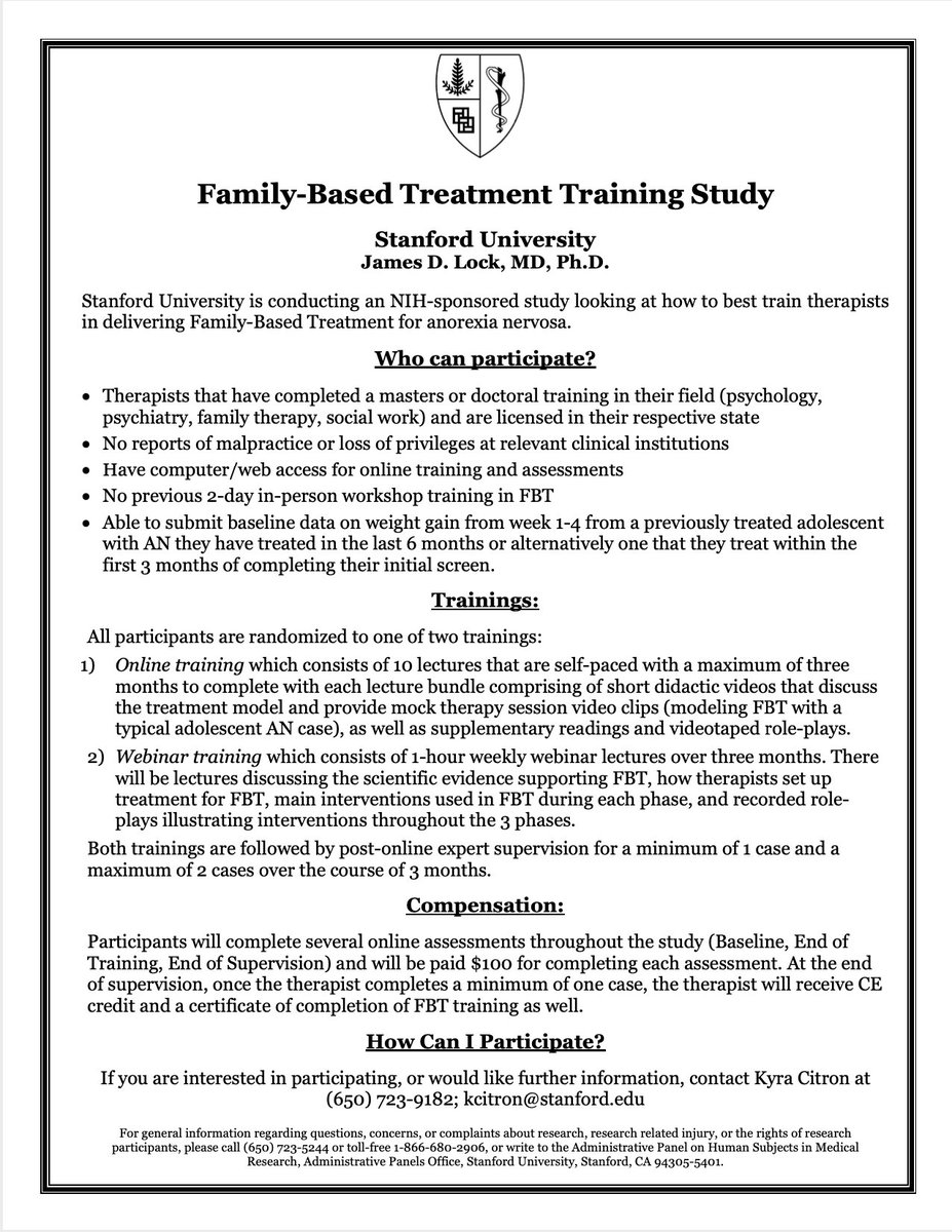 Stanford Eating Disorder Research (@edresearch) on Twitter photo Stanford is conducting an NIH-sponsored study looking at how to best train private practice therapists in delivering Family-Based Treatment for Anorexia Nervosa. Email kcitron@stanford.edu or determine your eligibility here: redcap.link/b0ykko3q Stanford is conducting an NIH-sponsored study looking at how to best train private practice therapists in delivering Family-Based Treatment for Anorexia Nervosa. Email kcitron@stanford.edu or determine your eligibility here: redcap.link/b0ykko3q