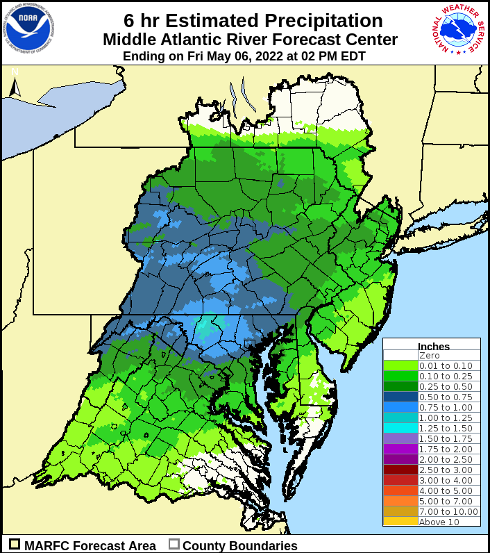 NWSStateCollege's tweet image. Est. 6 hr rainfall since 6 AM shows ~1.5" over SC PA.  With 1-2+ inches of rain to come, headwtr points of the Juniata Basin and flashy points into the Lower Susq may see minor flooding late tonight and Saturday. Never drive into areas where water covers the road!