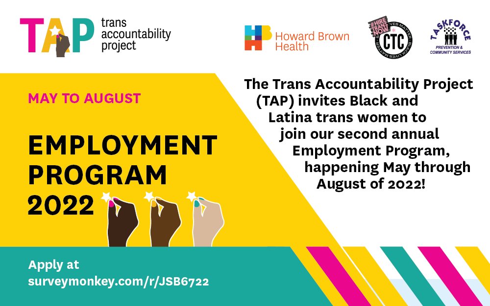 howardbrownhc's tweet photo. Are you a Black and/or Latina trans woman and looking for a job? You're encouraged to apply to the Trans Accountability Project's 2022 employment program!
Learn more and apply here: https://t.co/V7DDb9RJiJ
#HireTrans #TransEmployment https://t.co/ThjCCnAS4w