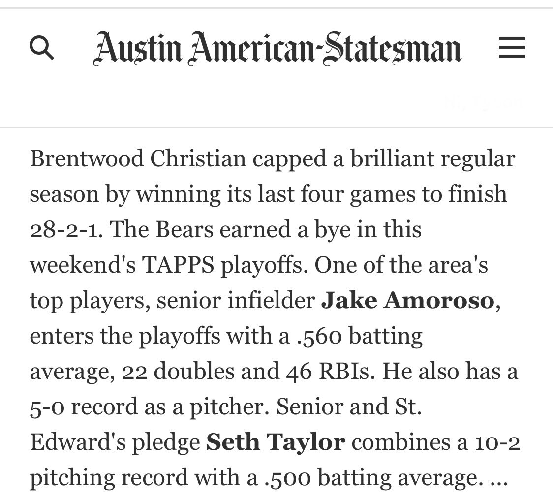 More Bears in the News! 📰 

What a season by these Seniors Seth Taylor <a href="/SethTaylor91127/">Seth Taylor</a> and Jake Amoroso <a href="/jake24horns/">Jake Amoroso</a> 
Thanks <a href="/statesman/">Austin Statesman</a> for showing the the 🐻 some ❤️ 

Playoff time is here let’s go for a ride!