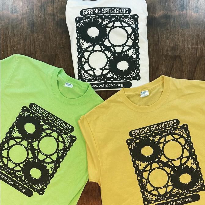 The swag has arrived, thank you #MitchellTees they look great. Big thanks to @Foleykills for the awesome artwork on the front. Come on down to @Pine_Hill_Park tomorrow to run, walk, or ride, enjoy the trails, music, food, and fun. #hpcspringsprockets #homelessprevention